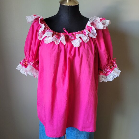Vintage ruffled pink blouse lace and ribbon trim, Square Dancing Top - Picture 2 of 13